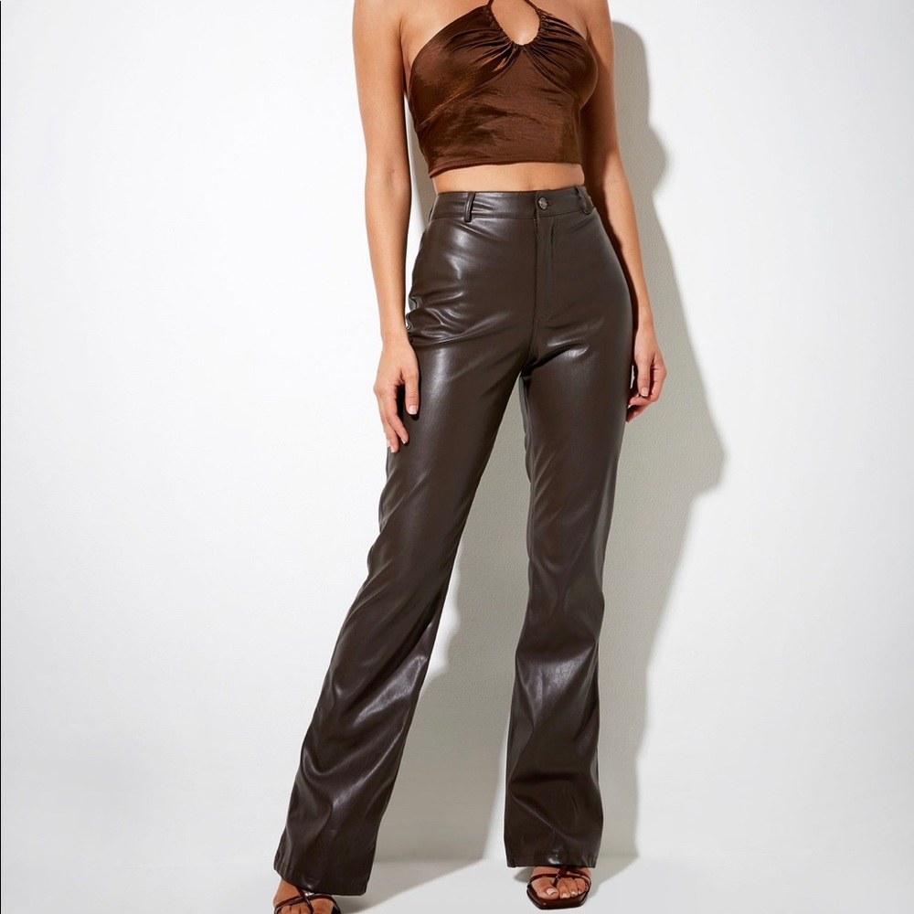 Motel Rocks Zoven Pu faux leather chocolate brown pants leggings trousers NEW